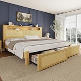 Belffin Queen Size Rattan Bed Frame Wood with 2 Storage Drawers, Natural