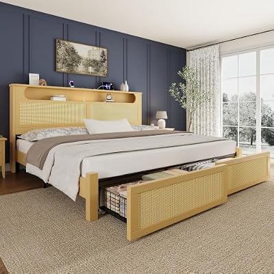 Belffin Queen Size Rattan Bed Frame Wood with 2 Storage Drawers, Natural