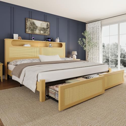 Belffin Queen Size Rattan Bed Frame Wood with 2 Storage Drawers, Natural