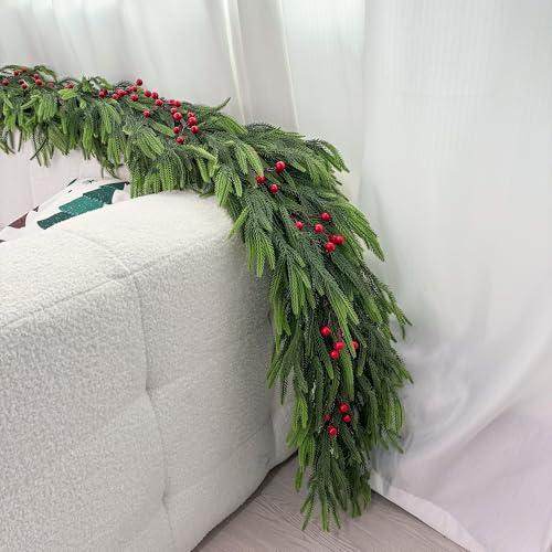 9FT Norfolk Pine Christmas Garland with Red Berries, PE Artificial Real Touch Greenery, Indoor Outdoor Xmas Decorations for Mantle Stairs Fireplace Table