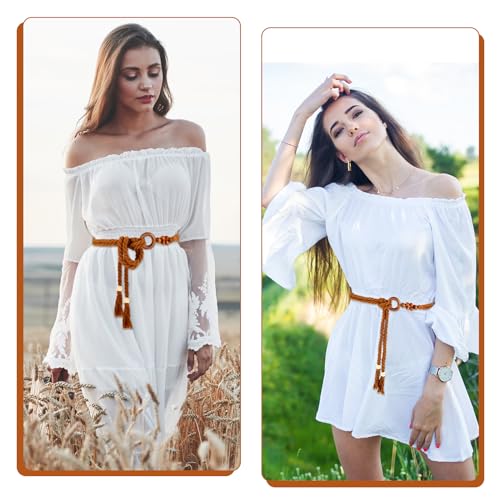 Women's Tassel Braided Waist Belt, Skinny Woven Belt for Dress Waist Belt Rope Chain with Woven Wooden Beads2