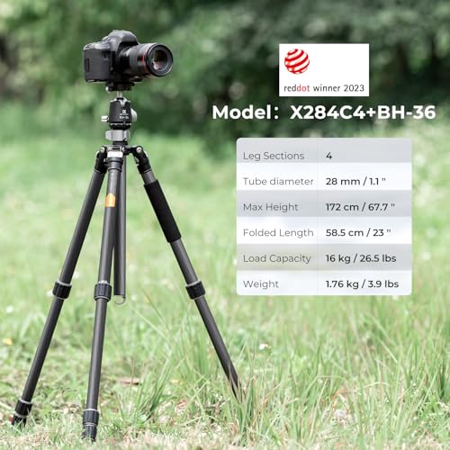K&F CONCEPT X-Series 68" Carbon Fiber Camera Tripod,Professional Photography Tripod with 36mm Metal Ball Head Load Capacity 35.2lbs for Indoor Outdoor Use X284C4+BH-36