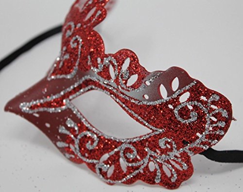 LADIES SPARKLING RED AND SILVER RIALTO VENETIAN MASQUERADE CARNIVAL PARTY EYE MASK, Red Silver, 8cm Deep - Image 3