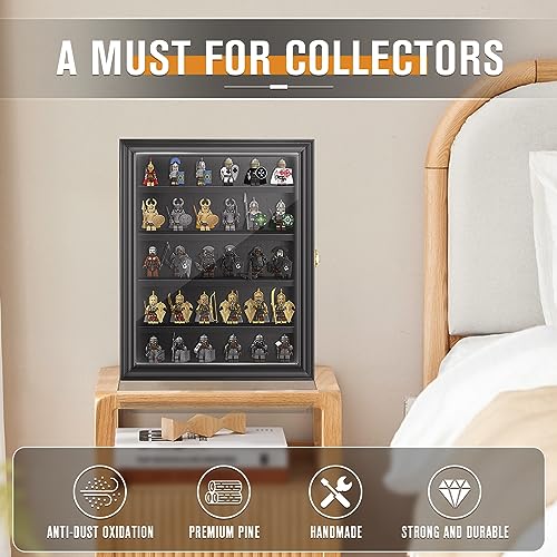 Minifigure Display Case, Miniature Display Case for Lego Small Objects Collectibles Display, Mini Figure Display Case/Cabinet Wall Mount with Glass Door Lockable, 5 Rows (Black) 14\" H x 11\" W