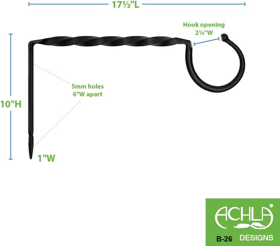 ACHLA DESIGNS B-26 Jumbo, 18-inch Wrought Iron Wall Bracket Hook, Large, Black (Pack of 2)