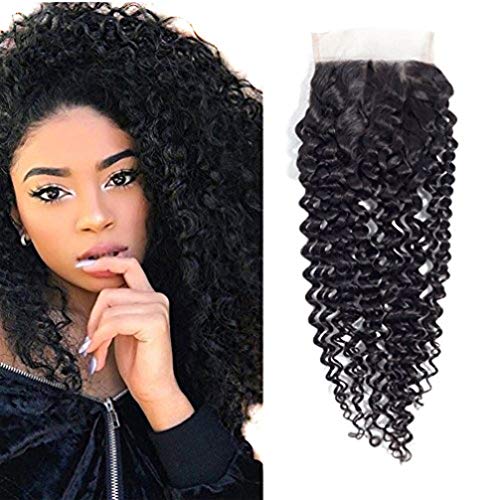10A Brazilian Curly Closure Human Hair Virgin Kinky Curly Free Part Lace Closure Natural Color (14Inch)