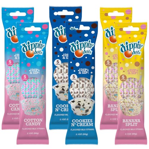 Dippin Dots Magically Flavored Milk Straws Cotton Candy Cookies n Cream and Banana Split 6-Pack Party Bundle (30 Count) | Fun Magic Straws for Kids Drinks & Cereal | | Sweet Party Treats & Favors