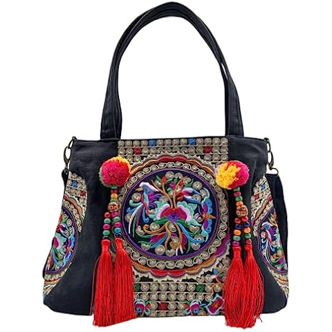 Krysclove Embroidered Tassels Tote Shoulder Bag Women Casual Canvas Handbag Cross Body Bag handmade workmanship Top Handbag (black+ multi-color) Cover