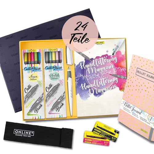 Online Handlettering Starter Set I Kalligraphie-Set mit 10 Brush Pens Calli.Brush Kalligraphie-Füller Bullet Journal Handlettering-Heft bunten Tintenpatronen & Leinenetui