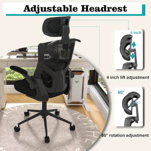 Image of Office Chair for Long Hours & Lower Back Pain Relief - 4 inch Thick Molded Foam Cushion, Padded Lumbar Support and Flip-up Armrests, Ideal for Office or Study (Modern, Black-HR)
