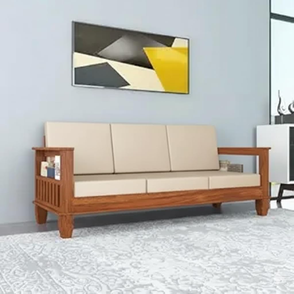 Hariom Handicraft Kendalwood Furniture Solid Sheesham Wood Sofa Set | Wooden Sofa Set | Living Room Furniture| Finish Type :- Honey Finish | Wood Type :- Sheesham Wood (Cream Cushion) - 3 Seater