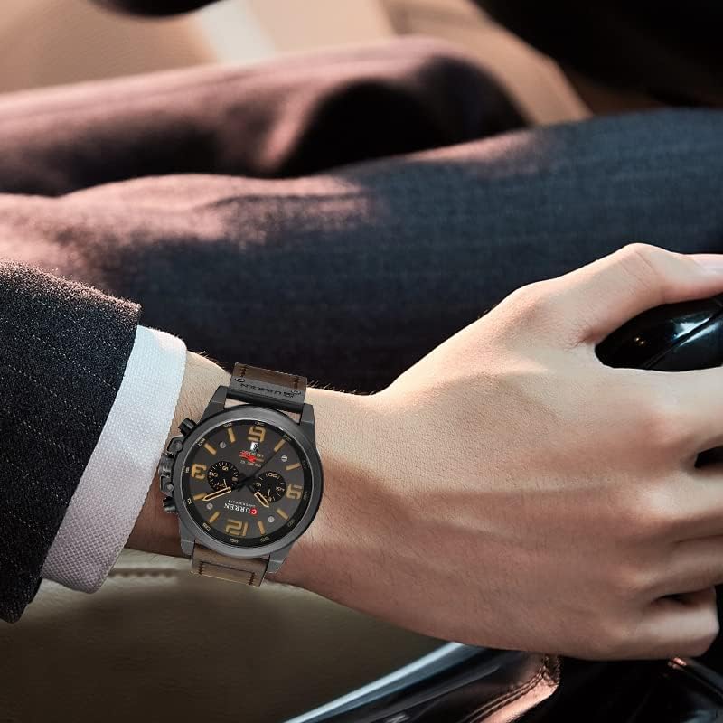 FANMIS Mens Sport Military Analog Quartz Watch Classic Chronograph Sandwich Dial Business Dress Waterproof Watch Multifunctional Wristwatch with Leather Strap - Image 3