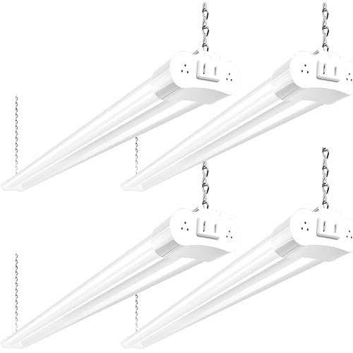 hykolity 4 Pack Linkable LED Shop Light, 4FT 42W [250W Equivalent], 4400lm, 5000K Daylight, with Plug, Utility Light Fixture, Hanging or Surface Mount, White