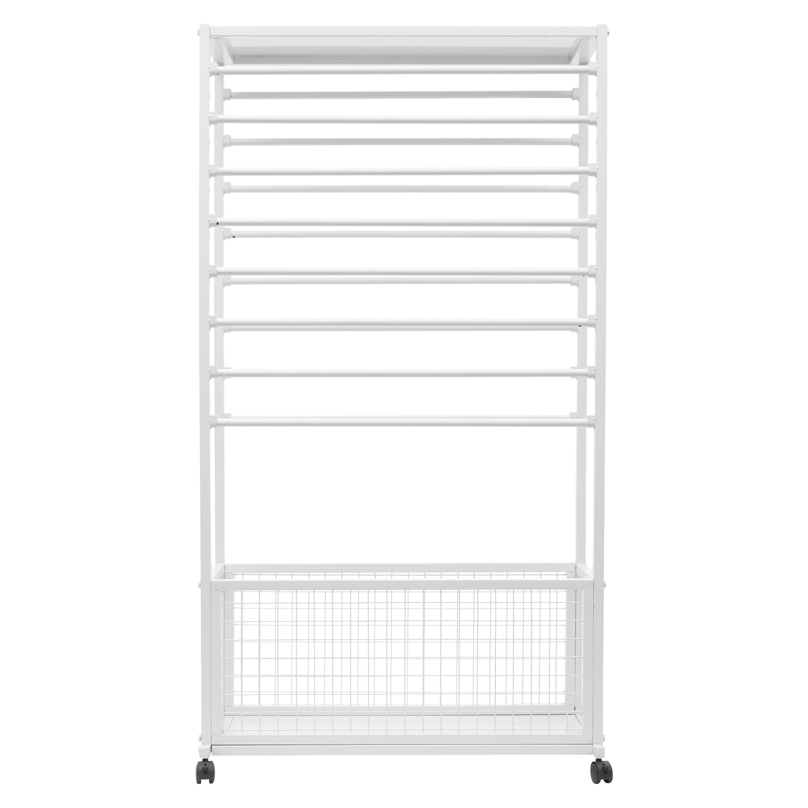 CUBELLIN 16-Tier Ribbon Organizer Metal Ribbon Holder Organizer Rack with Mesh Basket & Locking Wheels Rolling Gift Wrapping Paper Organizer for Florists, Retail Use (White)