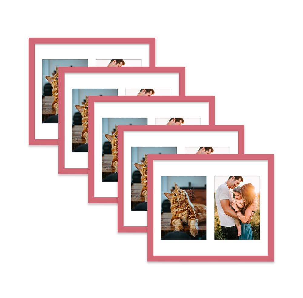 Pink Multi Photo Frame - Holds 2 x 7x5 Pictures, Family Collage Picture Frame for Wall Display, 12x10 Frame size, Set of 5