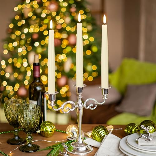 Image of Real Wax Flameless Taper Candles, LED Taper Candles Battery Operated with Rmote, Ivory Flameless Battery Candlesticks with 3D Flame for Spring Wedding Home Decor(0.78 inchx9.84 inch)