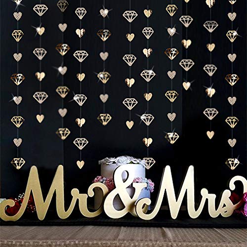 Image of 52 Ft Valentines Day Party Decorations Champagne Gold Heart Garland Hanging Paper Diamond Heart Streamer Banner for Engagement Bachelorette Bridal Shower Wedding Anniversary Mothers Day Birthday Party