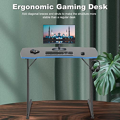 Image of BestOffice Gmaing Desk 35.4in PC Computer Desk, Blue Ergonomic Gaming Table Z Shaped Gaming Workstation with Headphone Hook for Home Office,Blue