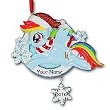 Personalized Officially Licensed My Little Pony Rainbow Dash in Glittered Santa Hat with Winter Scarf and Snowflakes Hanging Christmas Ornament with Your Custom Name and Date (Optional)