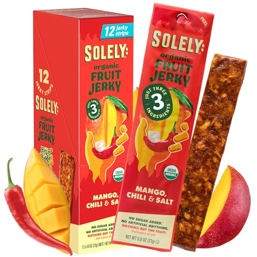 Image of SOLELY - Organic Spicy Mango Chili and Salt Fruit Jerky - 12 Individually Wrapped Strips - Fruit Leather Made from Dried Fruit - Healthy Snacks for Adults & Kids - Vegan, Non GMO - 0.8oz (23g)