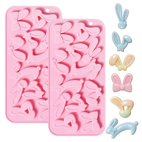 Silicone Easter Bunny Ear Mold Tray, 2 Pack Rabbit Bow Tie Chocolate Molds for Cake Decoration Candy Cookie