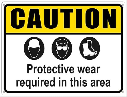 Caution PPE Hard Hat Safety Glasses Steel Toe Boots Aluminum Tin Sign 8x12 inch For Facility Managers, Homeowners - Home Coffee Bar Wall Decor