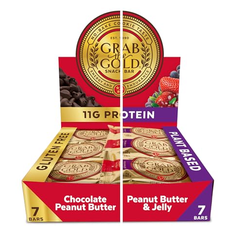 Image of Grab The Gold Protein Snack Bar Variety Pack | Plant-Based Protein, Gluten-Free, Vegan, Dairy-Free, Kosher | 14 Count Variety Pack 7 Chocolate Peanut Butter & 7 Peanut Butter & Jelly, Made in USA