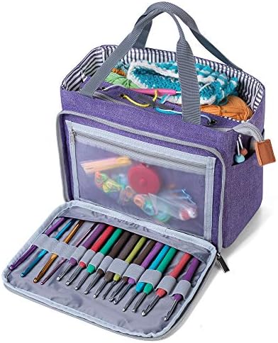 Luxja Crochet Tote Bag, Portable Yarn Storage Bag, Knitting Bags for Carrying Projects, Knitting Needles and Crochet Accessories, Purple (Accessories Not Included)