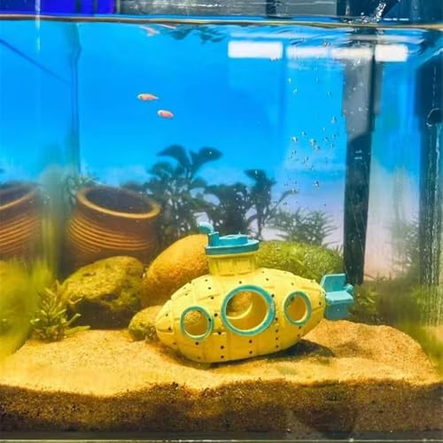 Image of Floating Fish Aquarium Tank Decoration Game Aquarium Accessoriess (Yellow) | Retro Submarine Aquarium Decoration Fish Toy Betta Cichlid Gold Fish Shrimp Hermit Crab Game Companion Aquarium Accessories
