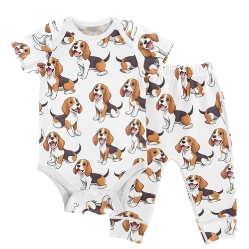 vvfelixl Cartoon Beagle White Baby Layette Sets,Baby Bodysuits Set Unisex Short Sleeve Babys Pants Sets 9-12M