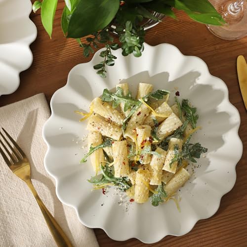 Image of Gibson Elite Bistro Fleur Plates and Bowls Sets, 12-Piece Stoneware Dinnerware Set for 4, Ivory White Scalloped Dish Set with Dinner Plates, Salad Plates & Bowls