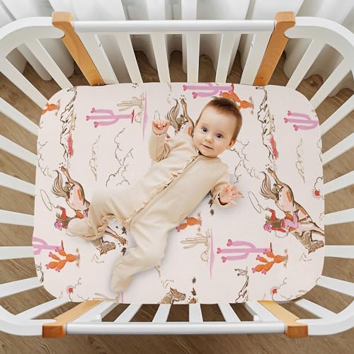 Image of Cowgirl Western American Crib Sheets Soft Breathable Fitted Baby Crib Sheets Mattress Cover for Girl Boys, 52 inch x 28 inch x 9 inch