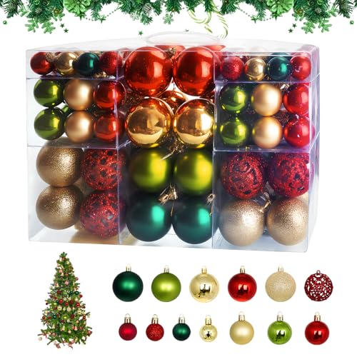 BBWELL Kerstballen van Kunststof, 100 Stuks Kerstballen Set Plastic, Kerstboom Ballen Met Ophangkoord ∅ 3/4/6CM Groen, Goud, Rood voor Kerstbomen Kransen Guirlandes Muren Ramen