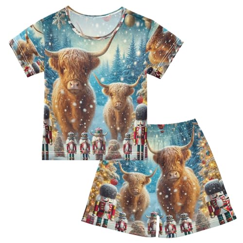 Christmas Highland Cow Nutcracker Pajama Set Short Sleeve PJS 2 Piece Summer Pajamas Shorts Sets Cotton 5Y