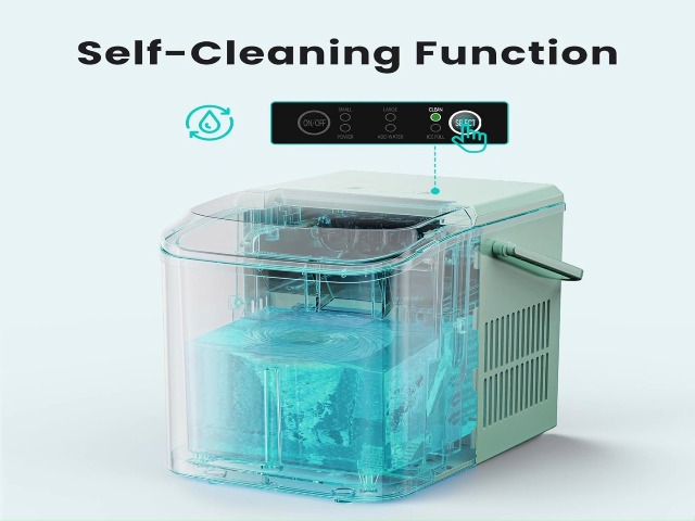 Image of OLIXIS Countertop Ice Maker Machine with Handle, Auto-Cleaning Portable Ice Maker with Basket & Scoop, 26lbs in 24Hrs & 9 Cubes in 6 Mins, 2 Cube Sizes, for Home Party Camping RV, Green