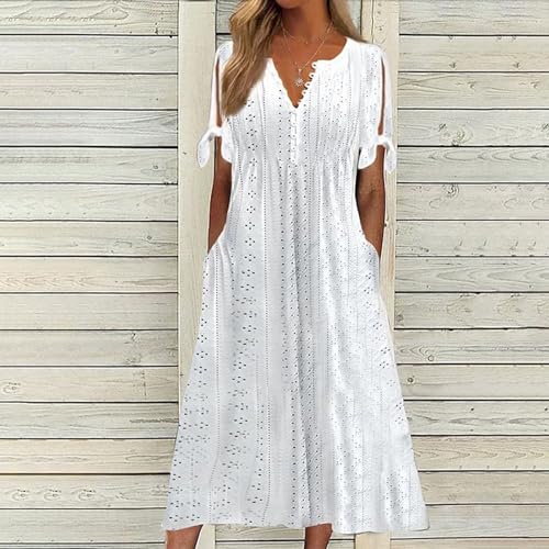 Ladies Dresses,Summer Dresses for Women UK 2026 Causal V-Neck Button Short Sleeve Floral Fashion Elegant Beach Boho Dress Ladies Maxi Holiday Party Dresses Plus Size Clothing,White