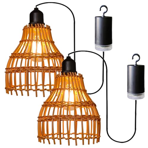 2er Pack Hängelampe Outdoor, Boho Rattan Hängelampe mit Fernbedienung, Lampe Außen Hängeleuchte, IP65 Wasserdicht Boho Hängeleuchte Lampe E27...