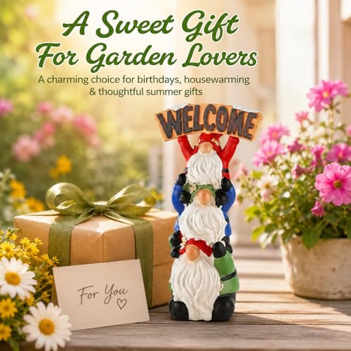 Mantaoilfe 9.25" Stacked Gnome Welcome Decor with Lighted Sign, Resin Holiday Gnome Figurine, Perfect for Porch, Entryway, Balcony, Patio, Solar Garden Lights Outdoor for Mom, Grandma, Gardeners — view 2