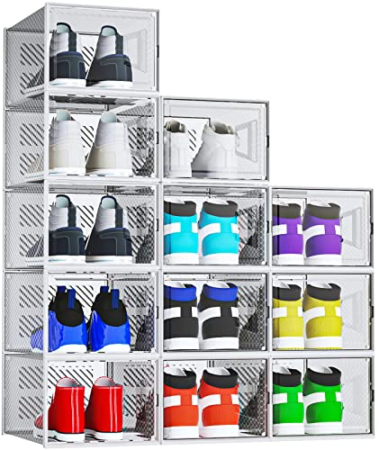 Limited Discount 12 Pack XL Shoe Storage Boxes,Sneaker Shoe Box Clear Plastic Stackable,Space Saving Shoe Organizer for Closet,Foldable Shoe Holder with Lids Containers Bins,Fit up to Size 14 (12-PACK, X-Large clear)