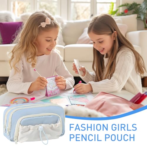 Image of Zibuyu 3-Layer Pencil Case for School - Aesthetic Blue Pen Organizer with Multi Compartments, Soft Cloth Stationery Pouch for Students, 21x13x10cm Storage Bag