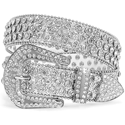XZQTIVE Cowgirl Bling Studded Leather Belts for Jeans Pants with Rhinestone and Western Silver Buckle, Unisex