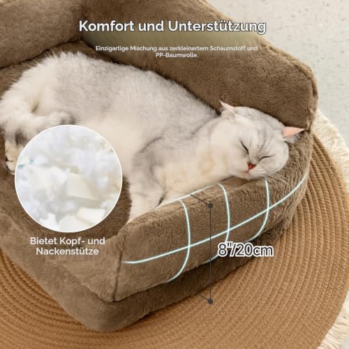 MEWOOFUN Katzen Sofa Katzenbett für Wohnungskatzen, Niedlich Kätzchen Bett Haustiersofa mit abnehmbarem, waschbarem Bezug und Rutschfester Unterseite für kleine Hunde (Braun, M)