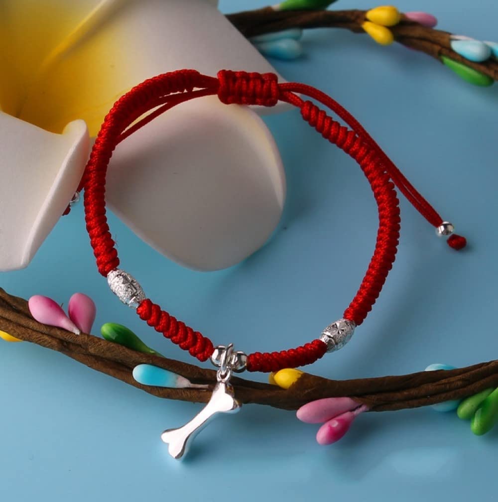 Bracciale rigido in argento for donna, bracciale intrecciato in corda rossa con ciondolo in argento S925 con perline in osso Braccialetti dell'amicizia regolabili Simpatici gioielli fortunat