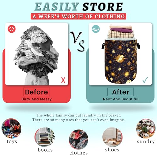 Image of Golden Sun Pattern Laundry Basket Oxford Cloth Hamper 18.9x16.5 Inch | Foldable With Handle Tote Bag Colorful Galaxy Laundry Hamper Clothes Storage Bucket Toy Organizer ForBathroom /Laundry /Bedroom