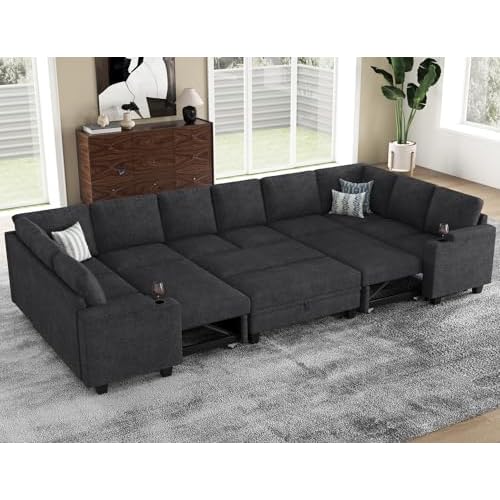 Belffin Large Modular Sectional Sleeper Sofa with Pull Out Bed Oversized U Shaped Sectional Couches for Living Room. Dark Gery Couch Dark Grey Oversiz
