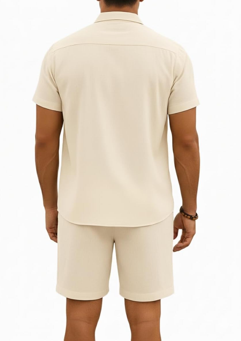 Men's Summer Beach party hawaiian Outfits 2 Piece Short Sleeve Shirts and Shorts Vacation Texture Linen Sets for Men (Beige, Large)