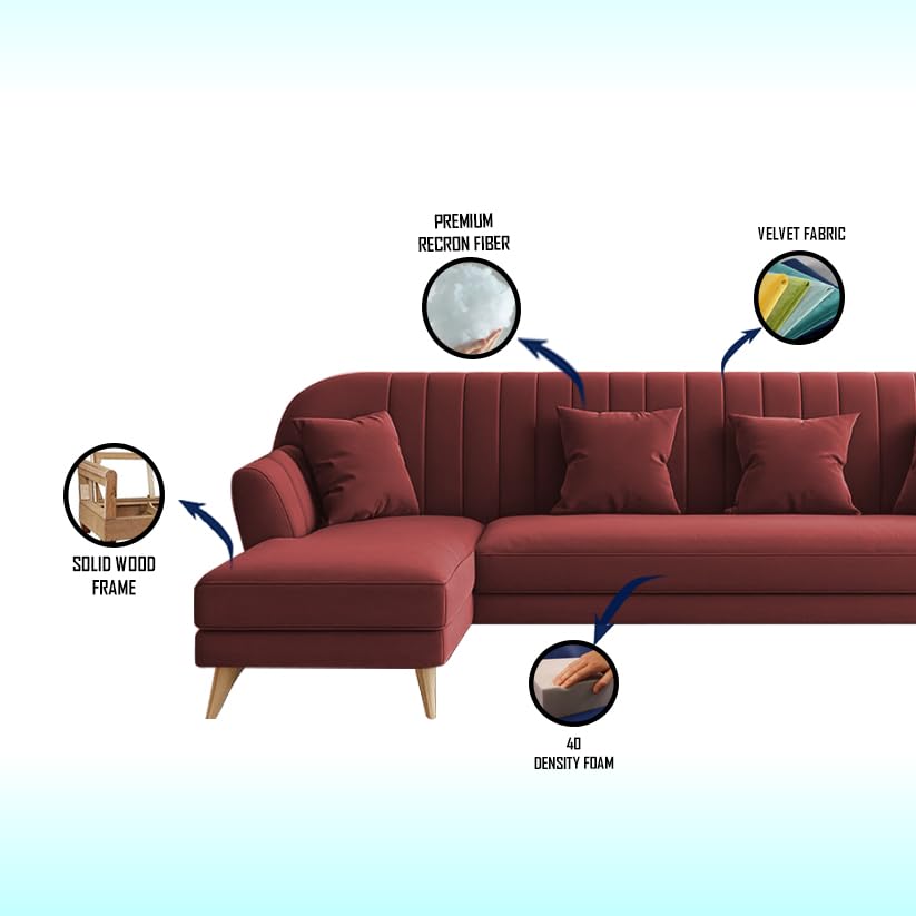 Image of Atticus LHS 6 Seater L Shape Sofa Set for Living Room (Maroon Fabric) Premium Fabric Sofa Set