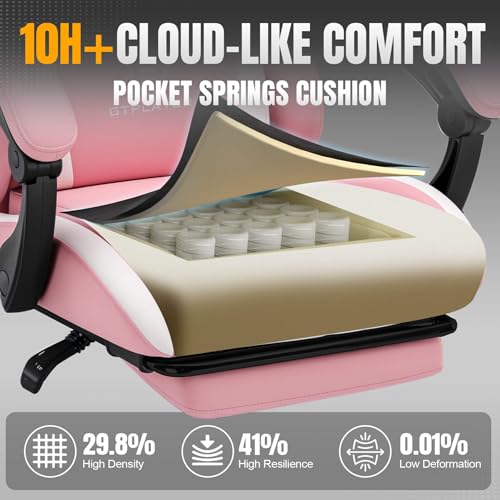 Image of GTPLAYER Gaming Chair with Pocket Spring Cushion, Leather Office Chair with Ergonomic High Back & Lumbar Support for Back Pain Relief, Computer Game Chair for Adults, Pink