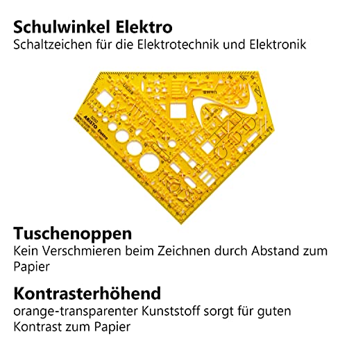 Aristo AH5050 Schablone Elektro (Schaltzeichen für Elektrotechnik und Elektronik, formstabiler PET Kunststoff) orange-transparent