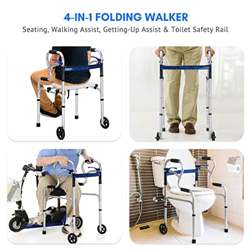 Health Line Massage Products 4 in 1 Stand-Assist Folding Walker with Detachable Seat, Trigger Release and 5 inch Wheels Supports up to 350 lbs, Compact Lightweight & Portable with Glides, Silver